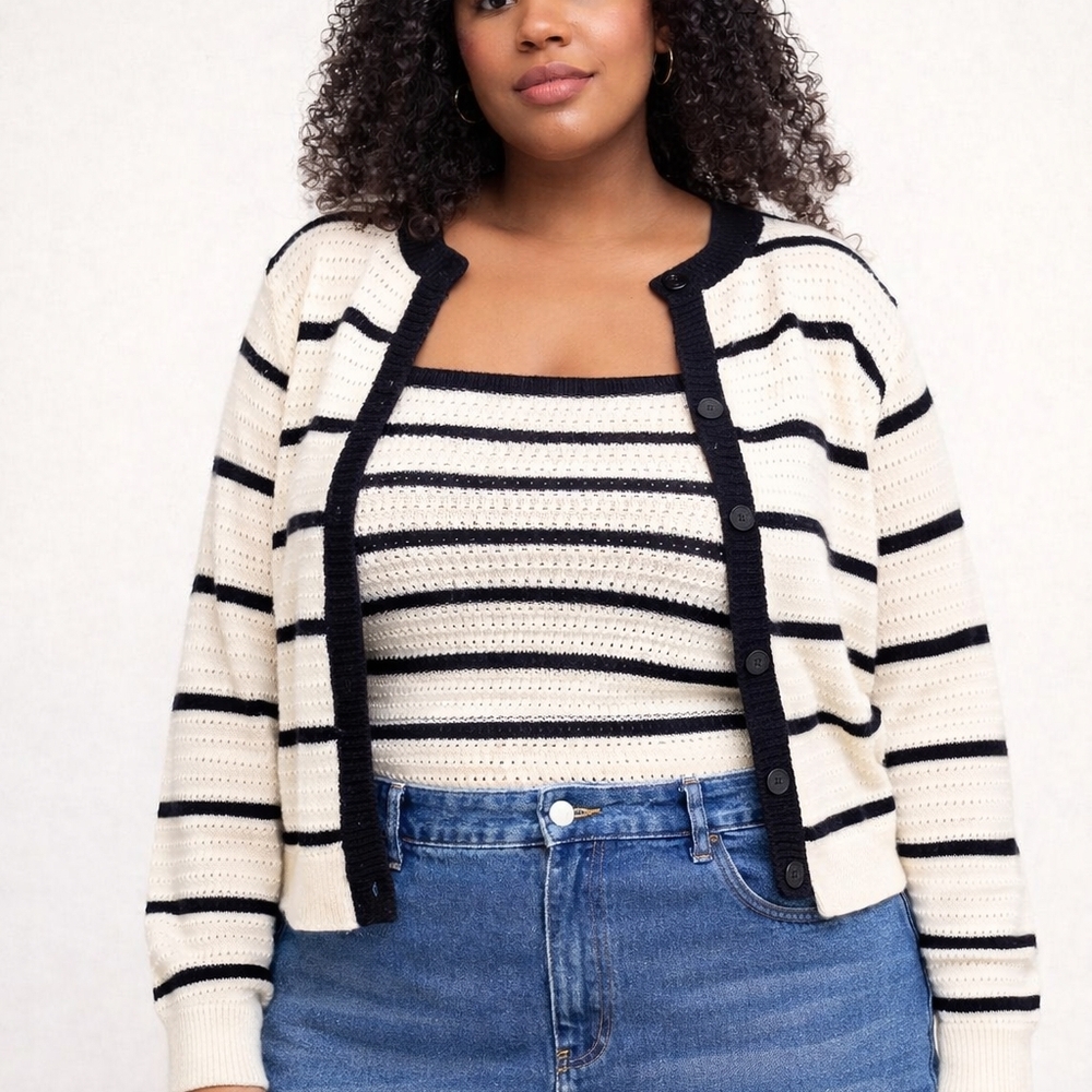 Cider Striped Knit Cardigan & Tank Sweater Set 3X Cream Black NWT